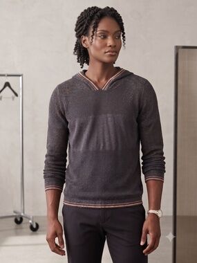 BCBGeneration | Gray Mesh Knit Long Sleeve Pullover Hoodie Top - Size M